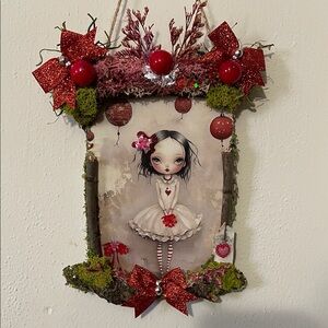 Whimsical Valentine Girl Wall Hanging handmade border decor red pink moss cute